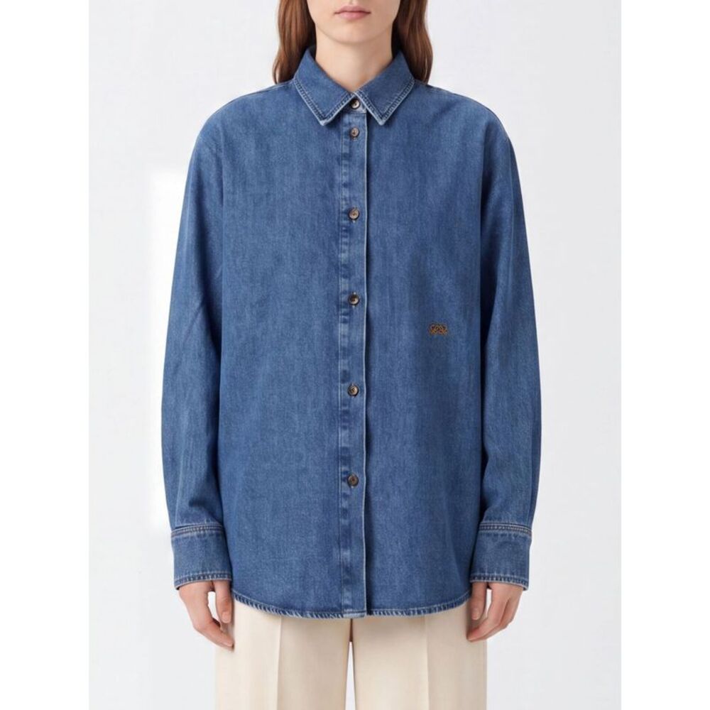 Loewe Women Loewe Relaxed Fit Cotton Denim Shirt With Embroidered Anagram Logo